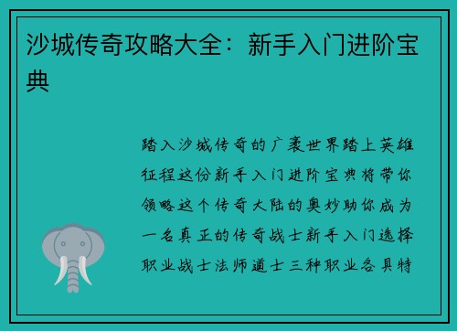 沙城传奇攻略大全：新手入门进阶宝典